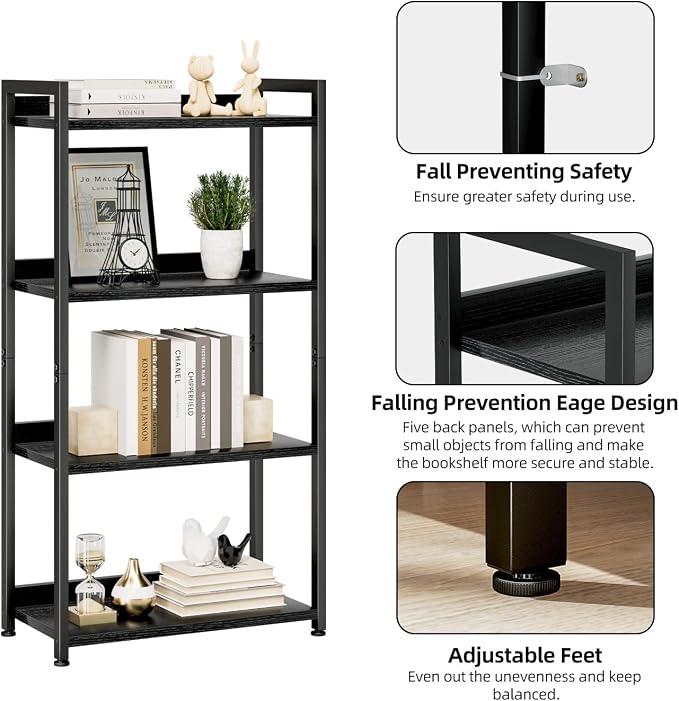 NUMENN Bookshelf, 4 Tier Freestanding Shelving Unit, Falling Prevention Baffle - Image 5