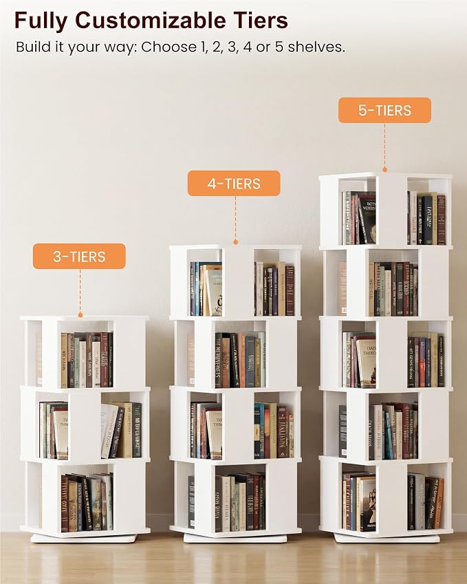 5-Tier Rotating Bookshelf Tower, 360° Square Spinning Book Shelf | Floor - Image 4