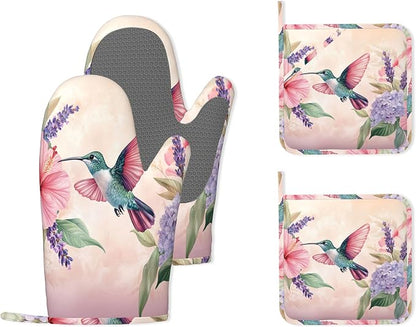 Hummingbird Heat-Resistant Silicone Oven Mitts and Pot Holders 4 Piece Set by Unknown