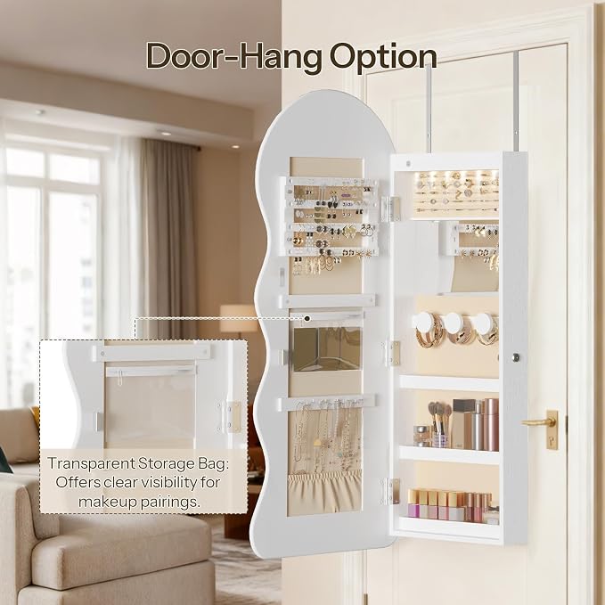 HOOBRO LED Mirror Jewelry Cabinet, Wall/Door Mounted Jewelry Organizer - Image 6