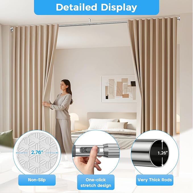 AIZESI 41-100 Inch Heavy Duty Silver Tension Curtain Rod - Image 4