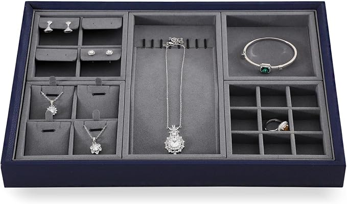Dark Blue Jewelry Display Tray Ring Necklace Earring Bangle Organizer - Image 3