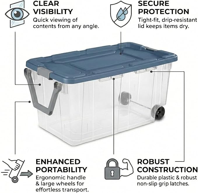 Storage Bins with Wheels 160 Quart, 2 Pack Heavy Duty Clear Plastic Totes with - Image 3