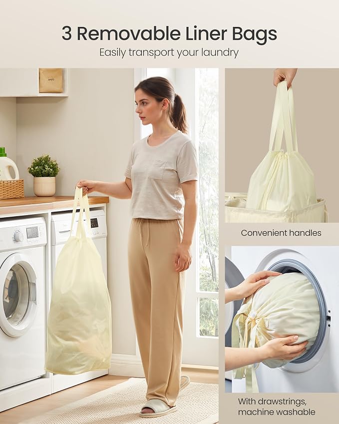 SONGMICS 47.6 Gallon Laundry Hamper, 3-Compartment Laundry Basket Sorter - Image 5