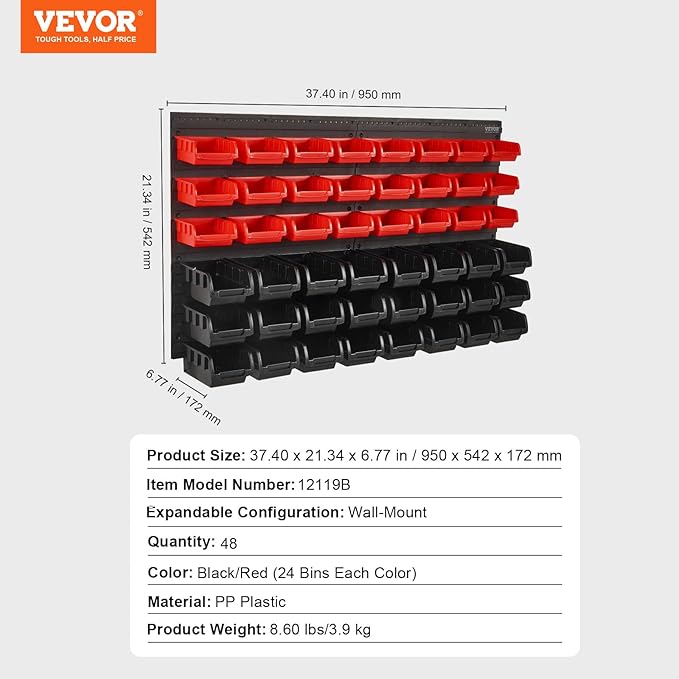 VEVOR 48-Bin Wall Mounted Storage Bins Parts Rack Organizer Garage Shop Tool - Image 7