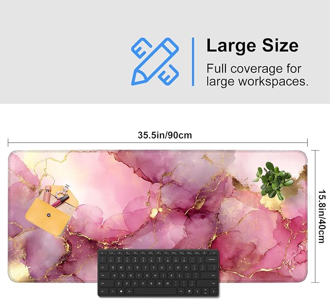 Pink Marble Ink Mouse Pad – Large Extended Desk Mat 35.43 x 15.75 in – Elegant - Image 3