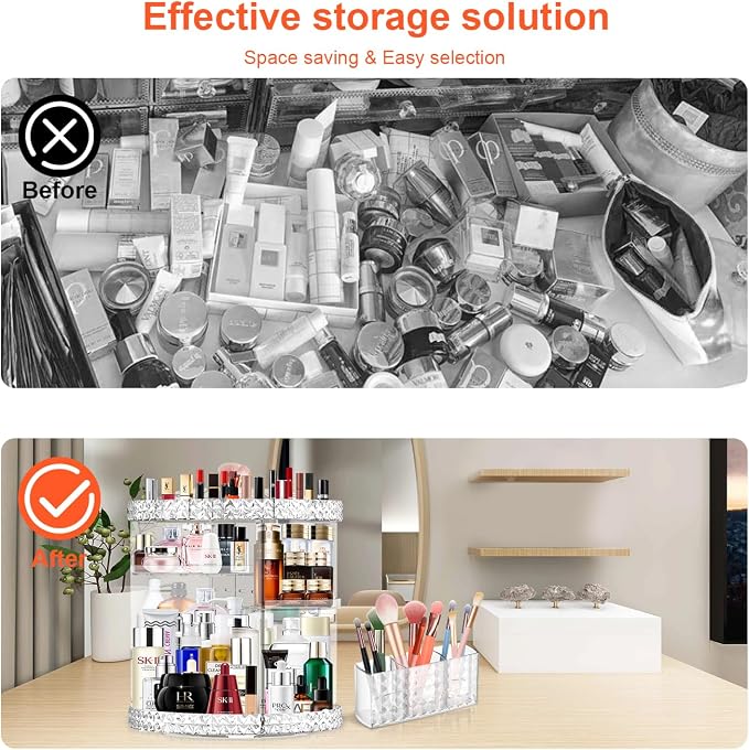 360 Rotating Makeup Organizer for Vanity + Makeup Brush Holder, Perfume - Image 4
