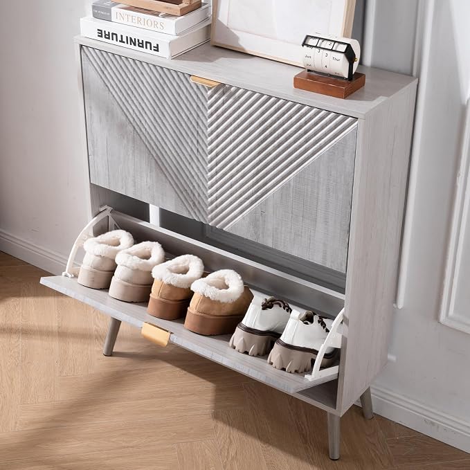 oakvivo Shoe Cabinet with 2 Flip Drawers, Freestanding Shoe Organizer with 4 - Image 7