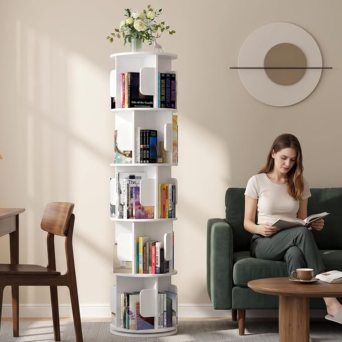 5-Tier 360° Rotating Bookshelf, Round Floor Standing Bookcase - Image 7