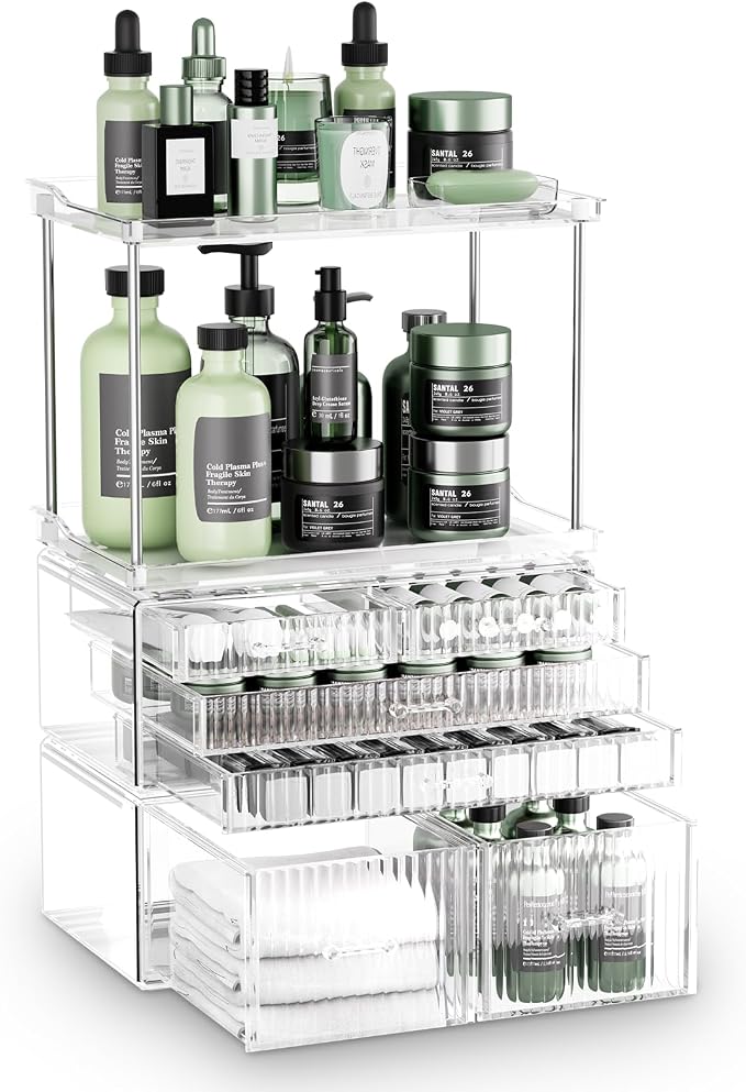 2-Tier 5-Drawer Bathroom Countertop Organizer : Multi-Purpose Makeup Organizer by Acina