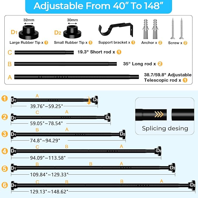 MEXAU Black Tension Curtain Rod 40-148 Inch Long Tension Rod 1.26" Spring - Image 2