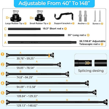 MEXAU Black Tension Curtain Rod 40-148 Inch Long Tension Rod 1.26" Spring - Image 2