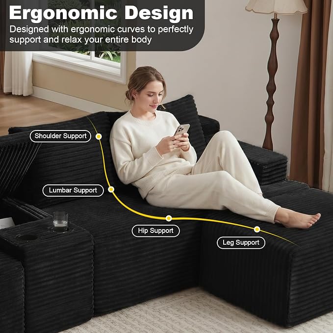 GNIXUU 140.6" Oversized U Shaped Black Boneless Sectional Couches - Image 7