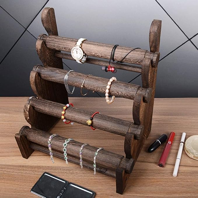 TOPNEW 4 Tier Wooden Bracelet Holder, Scrunchie Bangle Watch Necklace Display - Image 8