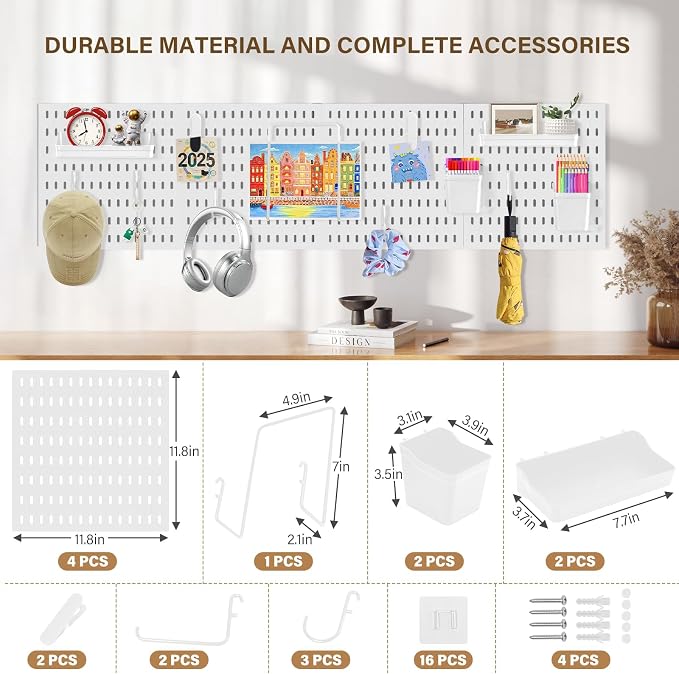 AKTOP Peg Board Wall Organizer 4-Pack – 12"x12" White Pegboard Combination Kit - Image 3