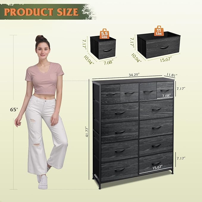 WLIVE 12 Drawer Tall Fabric Dresser Bedroom Storage Chest, Charcoal | Black - Image 3
