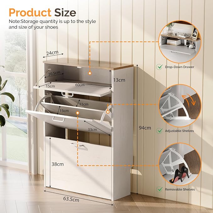 VINGLI Set of 2 Rustic White Shoe Cabinet - Image 2