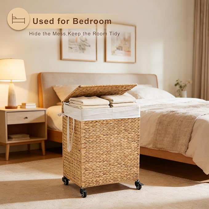 2-Section Laundry Hamper with Lid, Large Capacity Woven Natural Water Hyacinth - Image 5