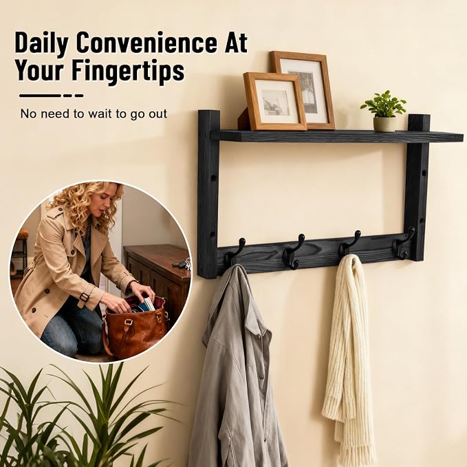 28" Coat Rack Wall Mount with Shelf with 7 Hooks 3 Key Hanger | Entryway Key - Image 5