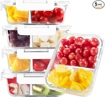 BAYZZ 5 Pack 35 Oz Glass Meal Prep Containers 2 Compartments, Glass Storage by BAYZZ