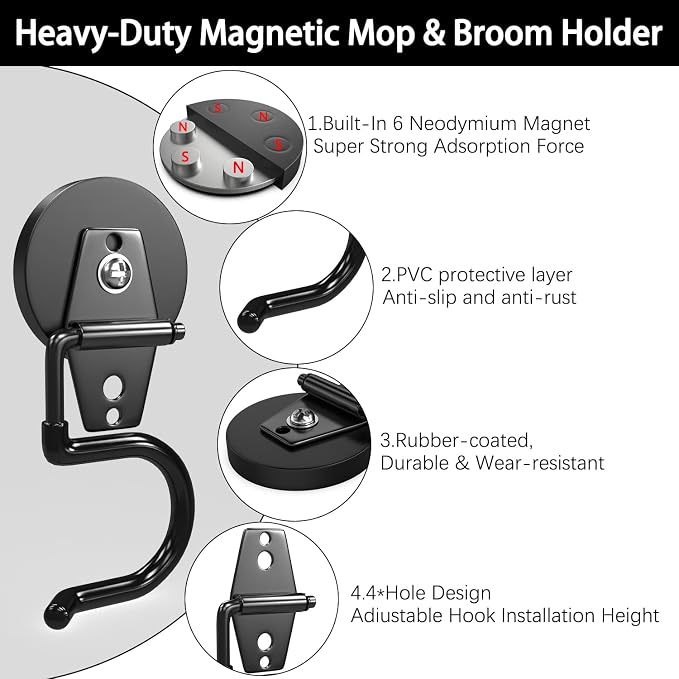 3-H Magnetic Mop Broom Holder and Mop Organizer 4 Pack, Heavy Duty Strong - Image 5