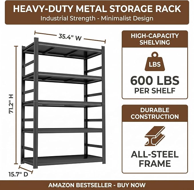 5 Tier Metal Bookshelf with Anti-Drop Fence, Heavy Duty 3000 LBS Modern Deep - Image 3