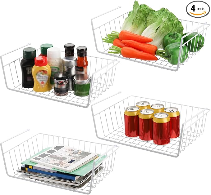 Tebery 4 Pack White Under Shelf Wire Basket Hanging Storage Baskets, Under by Tebery
