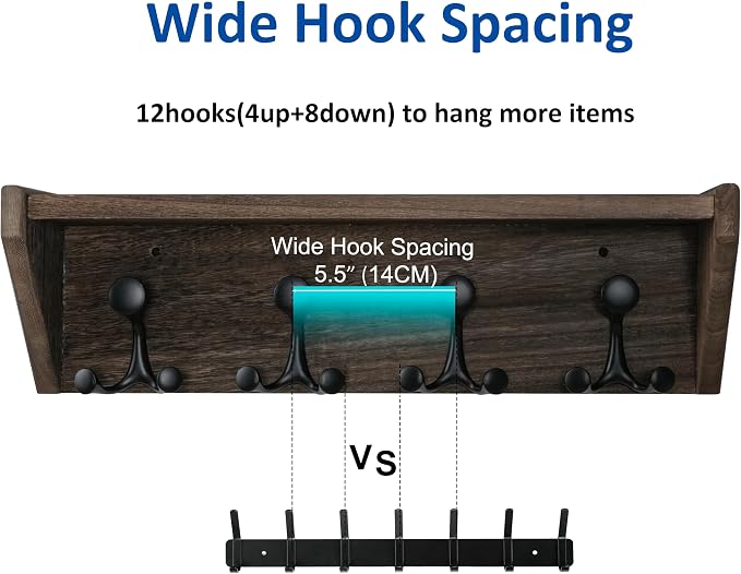 WEBI Wall Shelf with Hooks Underneath, 24” Long Wall Mounted Coat Rack with - Image 3