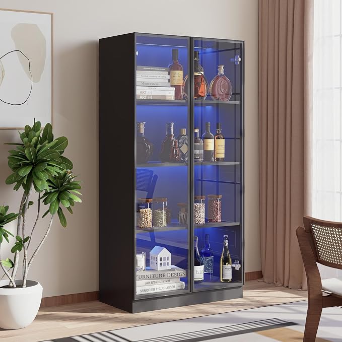 Glass Display Cabinet with LED Lights Set of 2, Display Case Bookcase with - Image 8