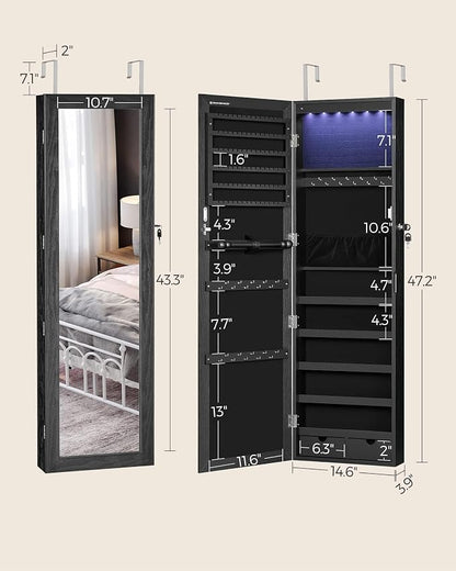 SONGMICS 6 LEDs Mirror Jewelry Cabinet, 47.2-Inch Tall Lockable Wall or Door - Image 6