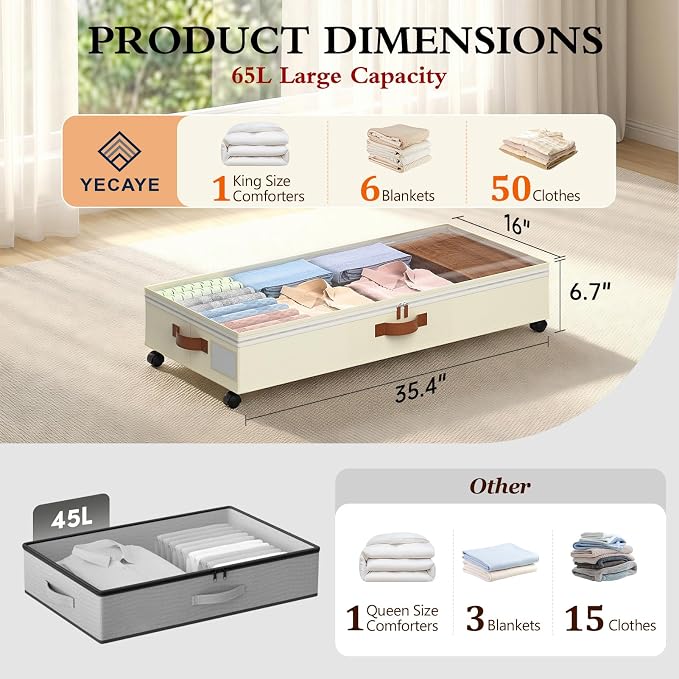Yecaye Under Bed Storage with Wheels, 65L Under Bed Storage Containers with - Image 2