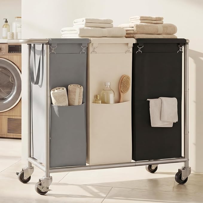 Heybly 3-Section Laundry Sorter Hamper, Rolling Laundry Hamper by HEYBLY