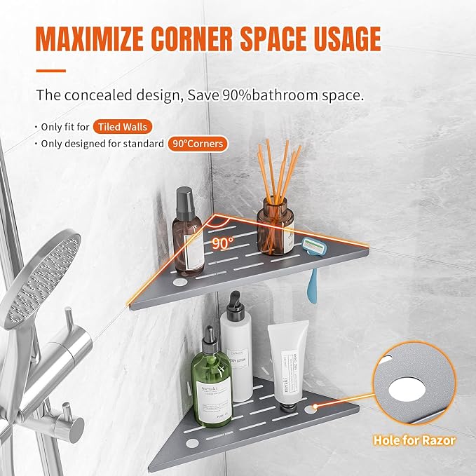 Corner Shower Shelves with Rozar Hole, Rustproof Stainless Steel Shower Caddy - Image 3