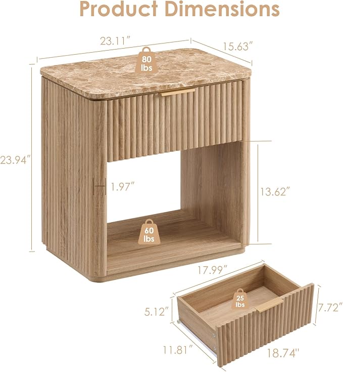 Fluted Nightstand Set of 2, Bedside Table - Image 3