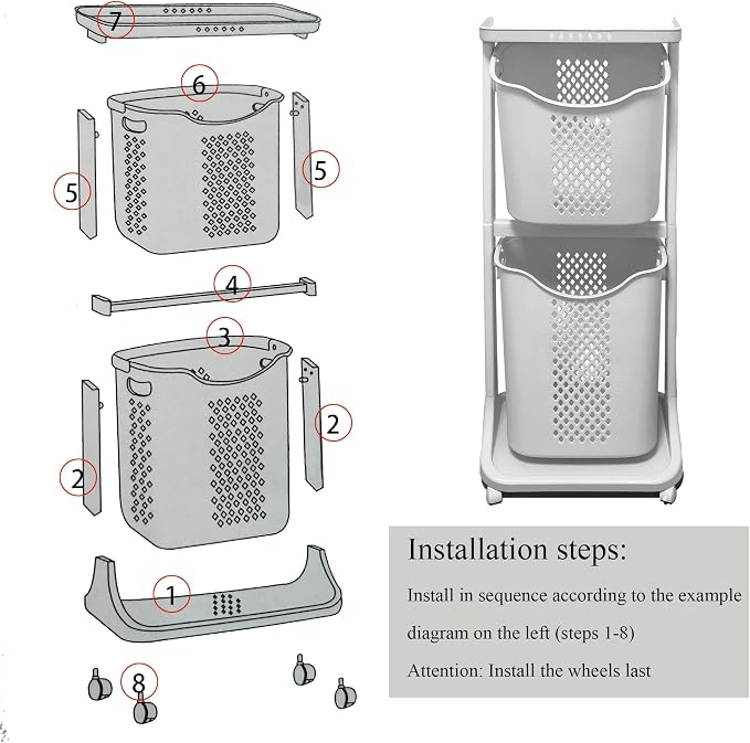 Laundry Basket with Wheels Plastic, 2 Tier, 40L+32L Large Capacity, Storage - Image 7