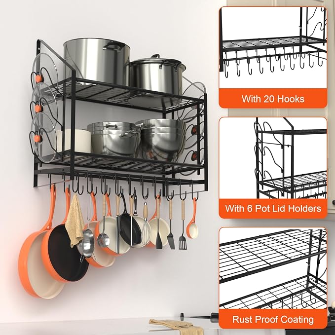 28 Inch Pot Rack Wall Mounted, 2 Tier Pots and Pans Organizer - Image 5