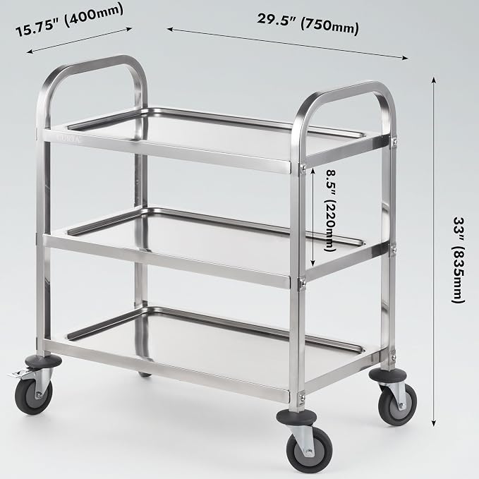 CURTA Stainless Steel Serving Trolley, Rolling Casters Brake Wheel, Commercial - Image 5