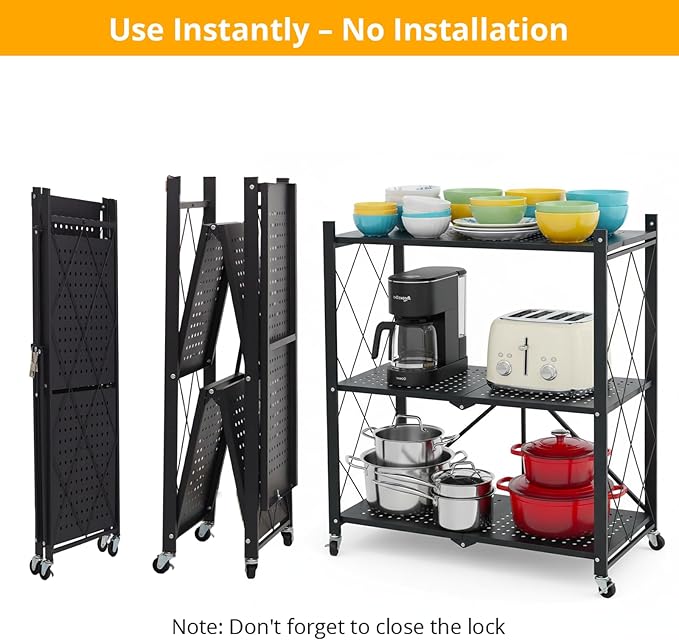 COKIHOM 3-Tier Folding Shelf, No Assembly Metal Shelving Unit - Image 4
