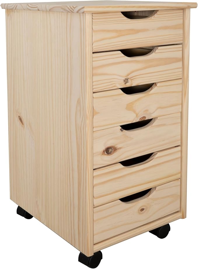 Linon Corinne Unfinished Six Drawer Wooden Rolling Storage Cart - Image 14
