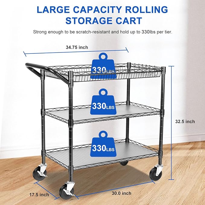 YNN Black Utility Rolling Cart, 990Lbs 3 Tier Heavy Duty Metal Cart - Image 2