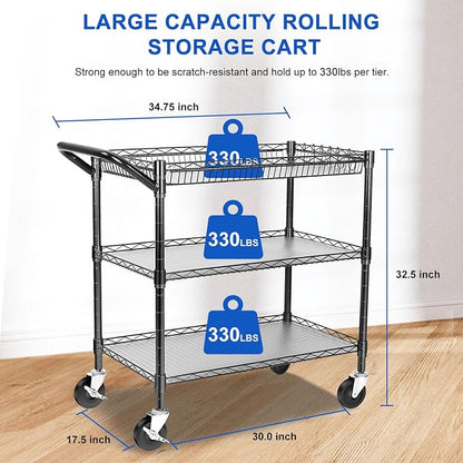 YNN Black Utility Rolling Cart, 990Lbs 3 Tier Heavy Duty Metal Cart - Image 2
