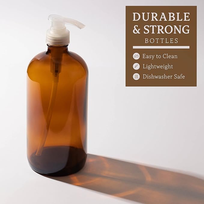32 Ounce Large Amber Glass Boston Round Bottles w/Natural Color Pumps. Great - Image 3