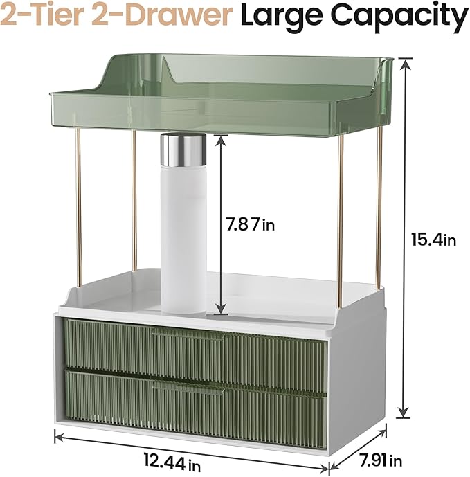 Delamu Bathroom Organizers and Storage, 2 Tier 2 Drawer Makeup Organizer - Image 2