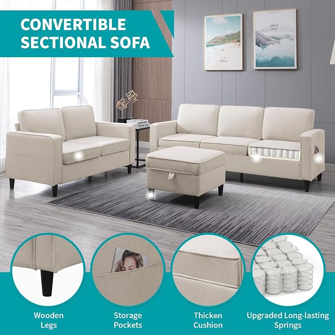 BALUS 78" W Sectional Couches for Living Room, Linen Fabric Sofa - Image 2