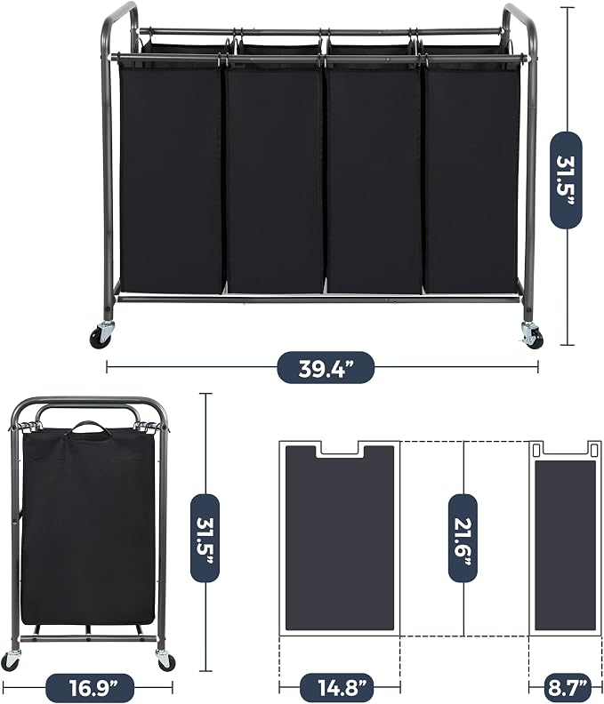 STO STO Laundry Sorter 4 Section, 4 Bag Laundry Hamper, Rolling Laundry Cart - Image 6