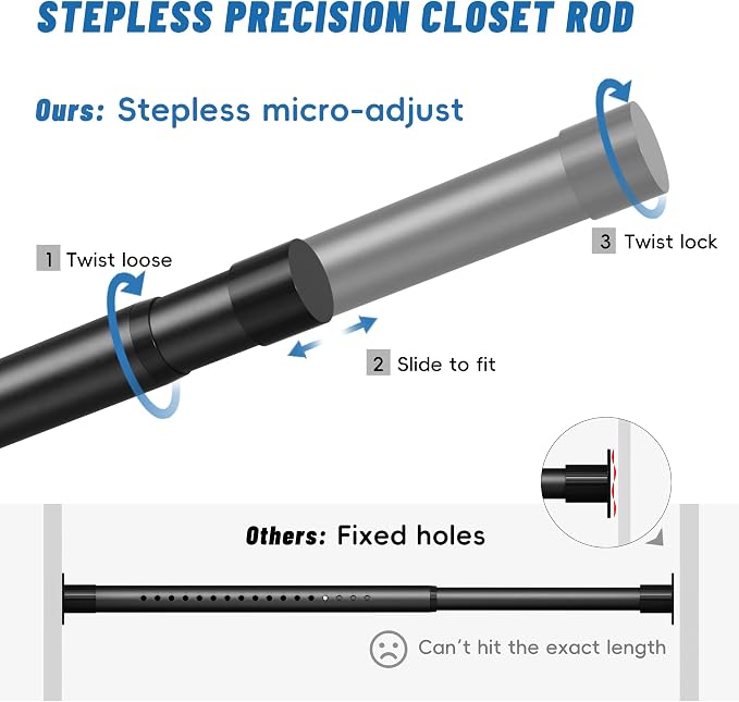 Stepless Adjustable Closet Rod, 66 lb Capacity, Fits 17-84 Inch Spaces - Image 2