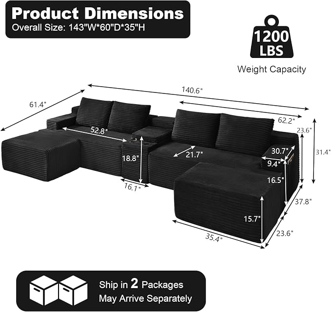 GNIXUU 140.6" Oversized U Shaped Black Boneless Sectional Couches - Image 2