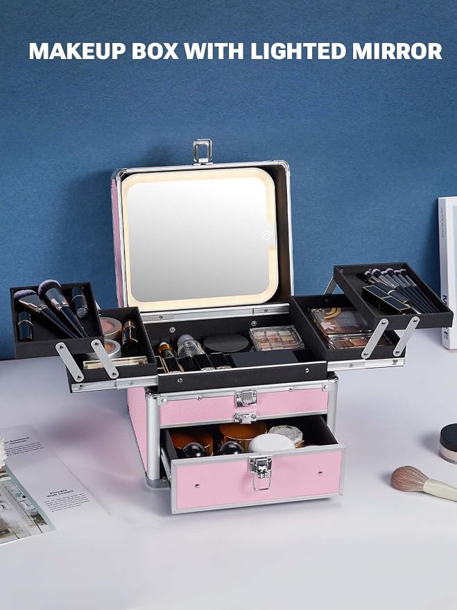 Qislee Makeup Box with Drawer and Four Trays, A Detachable Lighted Mirror - Image 7