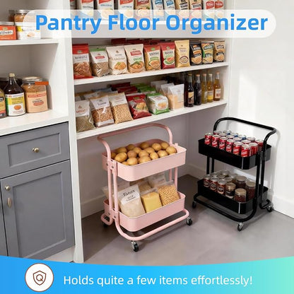 2 Tier Short Rolling Cart with Wheels All-Metal Pink Pantry Storage - Image 2