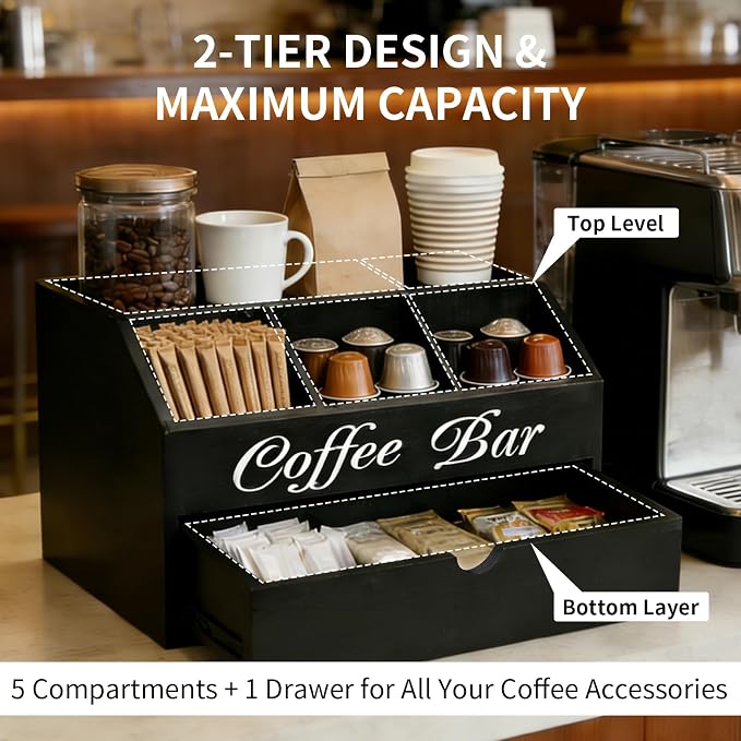 Coffee Bar Organizer for Countertop, 2-Tier Wooden Coffee Station Accessories - Image 2